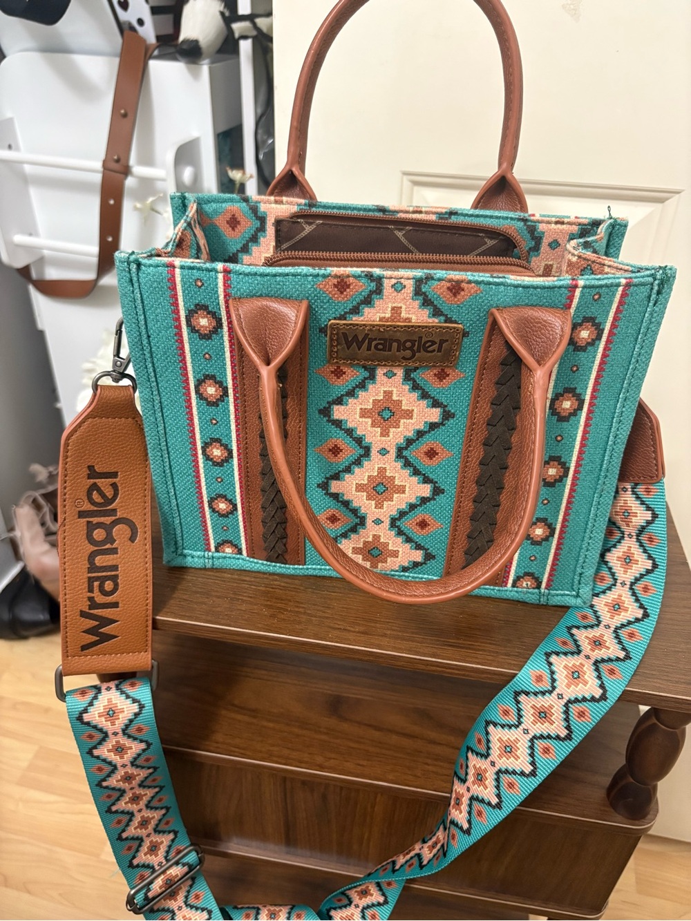 Wrangler Turquoise Aztec Satchel with Brown Accents